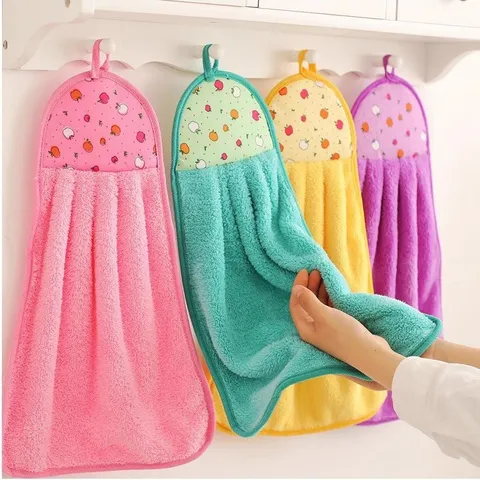 Hanging Hand Towel Coral Fleece Super Absorbent Kitchen Bathroom Cleaning Cloth Soft Quick Drying Wipe Towel