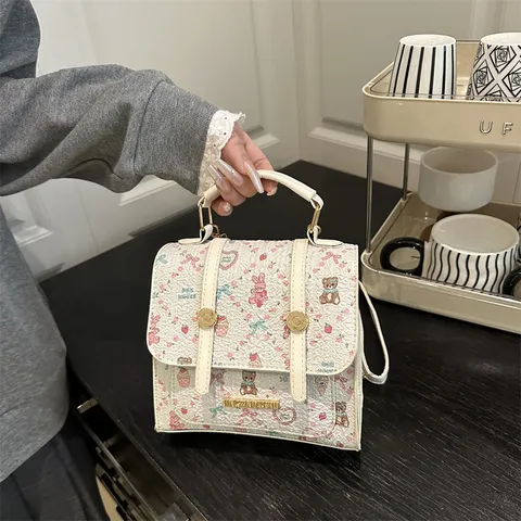 Mini Backpack Handbag PU Leather Cartoon Print Cute Bear Rabbit Floral Pattern Sweet Kawaii Style For Women Girls