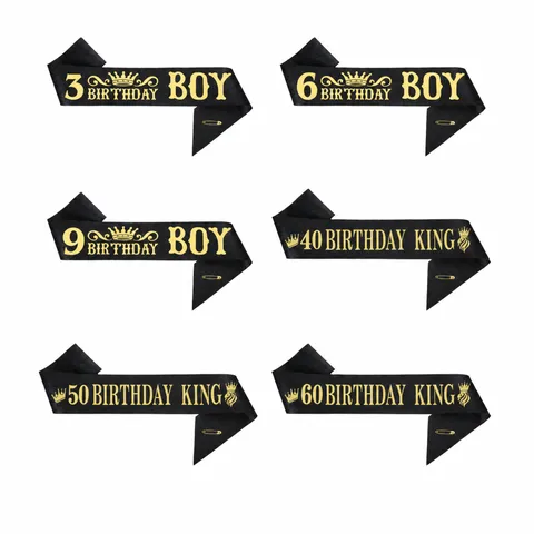 Black Gold Glitter Birthday Boy Sash Party Etiquette Belt Crown Letter Printed Birthday Party Decoration Supplies