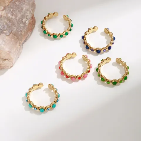 Anello Aperto Minimalista in Acciaio Inossidabile per Donna Placcato PVD Strass Colorato Geometrico Regolabile Gioiello di Moda