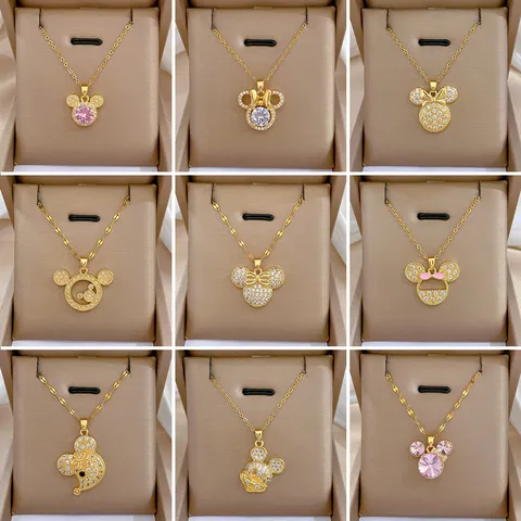 Collier Pendentif Tête de Souris en Zirconia Acier Inoxydable Chic Chaîne Plaqué Or Cadeau de Bijoux de Mode Pour Femmes