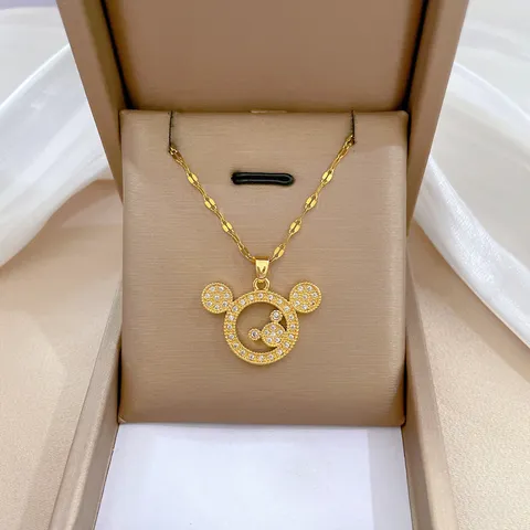 Collier Pendentif Tête de Souris en Zirconia Acier Inoxydable Chic Chaîne Plaqué Or Cadeau de Bijoux de Mode Pour Femmes