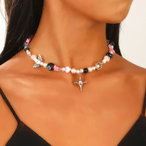 Rétro Gothique Y2K Métal Papillon Croix Étoile Fleur Pendentif Perle Collier de Perles Pour Femmes Bijoux de Mode Tendance