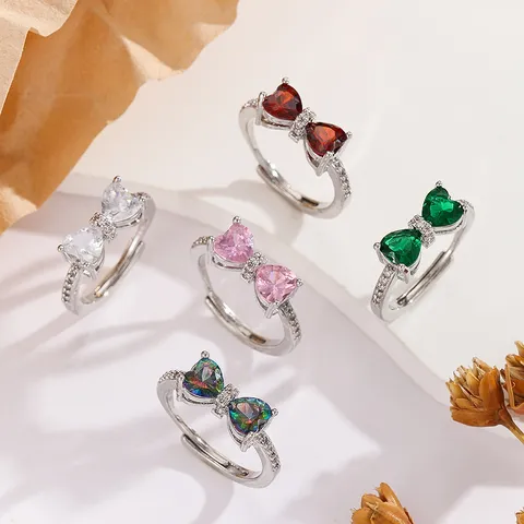 Luxury Bow Copper Ring With Colorful Zirconia Open Adjustable Design Fashion Women Finger Jewelry Gift Ring