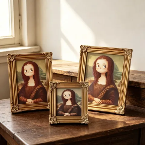 European American Retro Resin Carved Photo Frame Antique Gold Baroque Ornate Picture Frame With Mona Lisa Cartoon Art Print