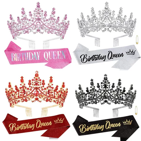 Luxury Rhinestone Alloy Crown And Glitter Sash Birthday Party Decoration Set Women Crown Headpiece Bridal Gift