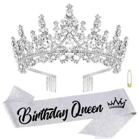 Luxury Rhinestone Alloy Crown And Glitter Sash Birthday Party Decoration Set Women Crown Headpiece Bridal Gift