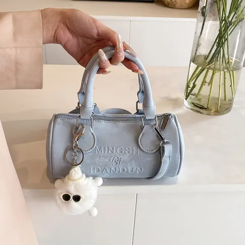 Fashion PU Leather Crossbody Bag Women Cylinder Handbag With Letter Embossed And Plush Pendant Trendy Daily Shoulder Purse