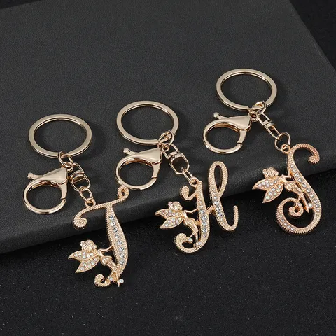 Fashion Alloy Rhinestone English Letter Keychain Cute Little Angel Bag Pendant Gold Key Ring Jewelry Gift