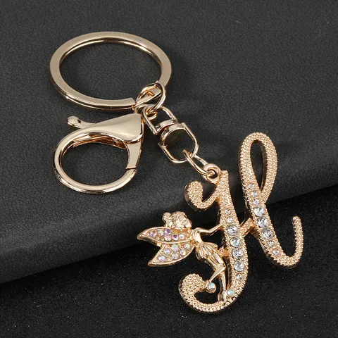 Fashion Alloy Rhinestone English Letter Keychain Cute Little Angel Bag Pendant Gold Key Ring Jewelry Gift