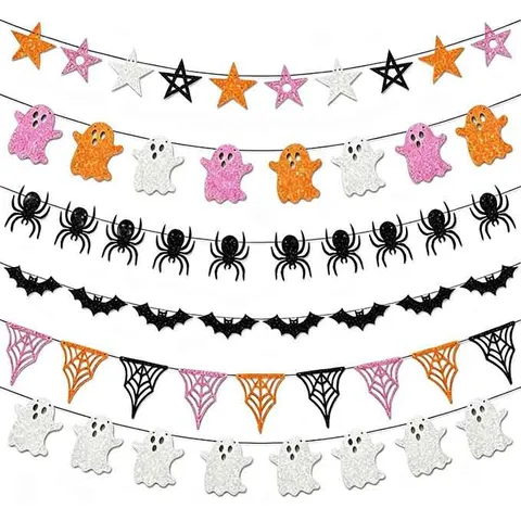 Halloween Party Decorative Bunting Glitter Paper Ghost Spider Bat Pentagram Garland Indoor Home Hanging Ornaments