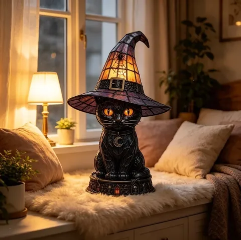 Halloween Hexenhut Katzenlampe Harz Gotisch Schwarze Katze Tischlampe Dekoratives Nachtlicht Für Heim Party Deko
