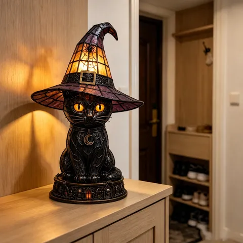 Halloween Hexenhut Katzenlampe Harz Gotisch Schwarze Katze Tischlampe Dekoratives Nachtlicht Für Heim Party Deko