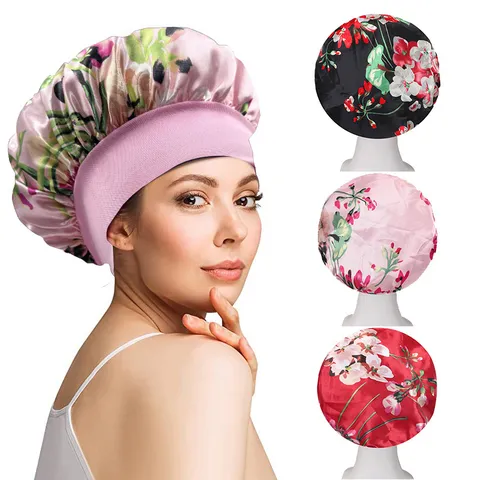 Women Satin Sleep Cap Floral Printed Wide Band Elastic Night Cap Hair Care Bonnet For Sleeping Daily Use
