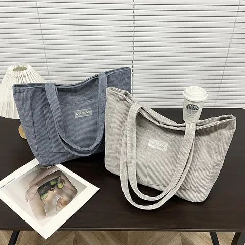 Casual Corduroy Tote Bag For Women Large Capacity Shoulder Bag Solid Color Daily Commute Handbag Soft Casual Bag