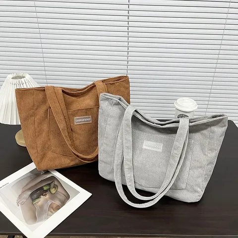 Casual Corduroy Tote Bag For Women Large Capacity Shoulder Bag Solid Color Daily Commute Handbag Soft Casual Bag