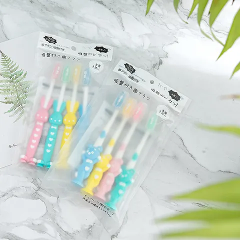 Kids Cartoon Soft Bristle Toothbrush Macaron Color Cute Bear Rabbit Design With Suction Base Daily Oral Cleaning Care
