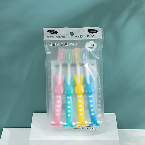 Kids Cartoon Soft Bristle Toothbrush Macaron Color Cute Bear Rabbit Design With Suction Base Daily Oral Cleaning Care