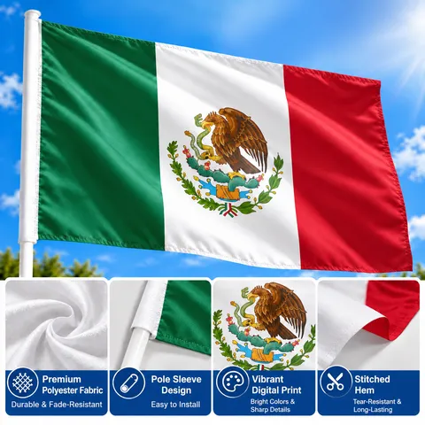 Mexico National Flag Mexican Banner Durable Polyester Double Stitched Vivid Color UV Fade Resistant For Outdoor Indoor Decoration