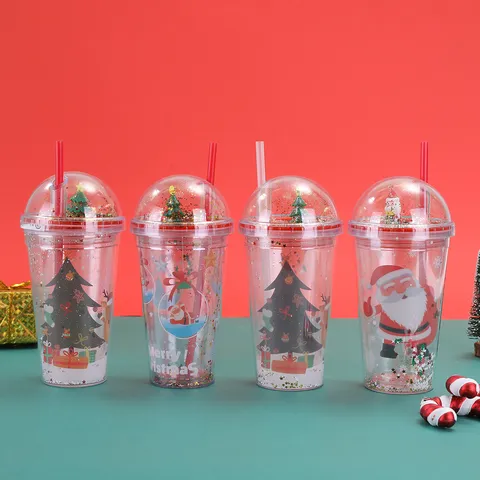 Navidad Papá Noel Doble Capa Vaso con Pajita de Plástico Portátil Lindo Estudiante Botella de Agua Regalo Festivo Vaso Con Tapa