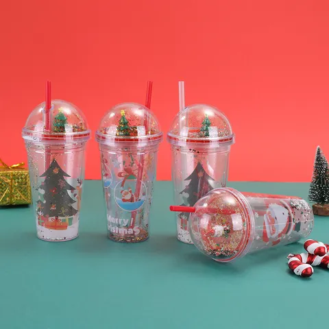Navidad Papá Noel Doble Capa Vaso con Pajita de Plástico Portátil Lindo Estudiante Botella de Agua Regalo Festivo Vaso Con Tapa