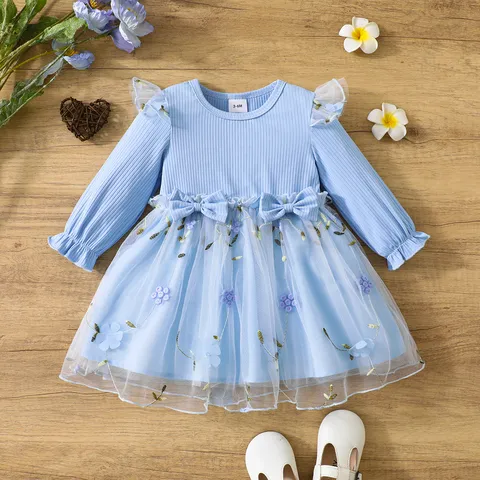 Baby Toddler Girls Long Sleeve Mesh Princess Dress Floral Embroidery Bow Sweet A-Line Party Dress Children Clothes