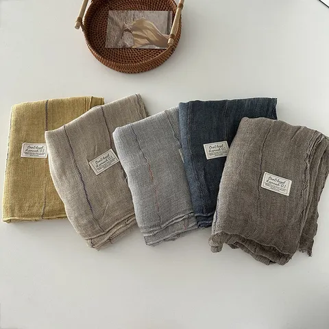 Women Vintage Literary Scarf Cotton Linen Feel Colorful Vertical Striped Shawl Beach Vacation Fashion Scarf