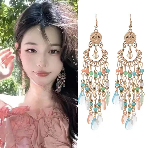 Boho Crystal Long Tassel Earrings Ethnic Geometric Drop Dangle Earrings Fashion Jewelry For Women Travel Photo Party