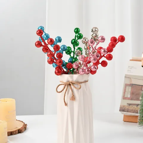 12 Teste Bacche Glitterate di Natale Rami di Frutta Artificiale per Ornamento dell'albero di Natale Decorazione per Feste a Casa Steli di Bacche Scintillanti