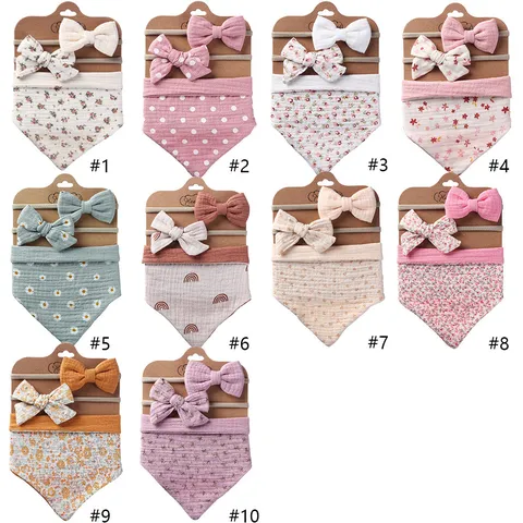 Baby Bib And Headband Set Newborn Cotton Pleated Bow Baby Bibs Cute Floral Infant Saliva Towel Hair Band Accessories