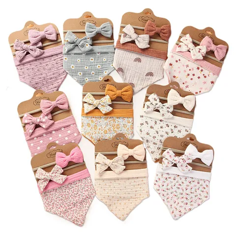 Baby Bib And Headband Set Newborn Cotton Pleated Bow Baby Bibs Cute Floral Infant Saliva Towel Hair Band Accessories