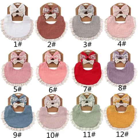 Baby Cotton Bib And Headband Set Waterproof Solid Color Lace Bow Infant Saliva Towel