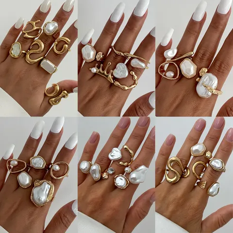 Damen Mode Offene Ringe Set Vergoldet Legierung Barock Künstliche Perle Unregelmäßig Geometrisch Fingerringe Trendiger Schmuck Geschenk