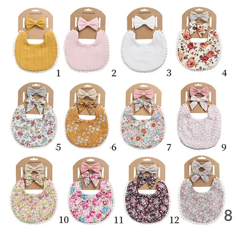 Baby Bib And Headband Set Cotton Floral Solid Color Bow Lace Edge Saliva Towel Newborn Hairband Daily Accessories