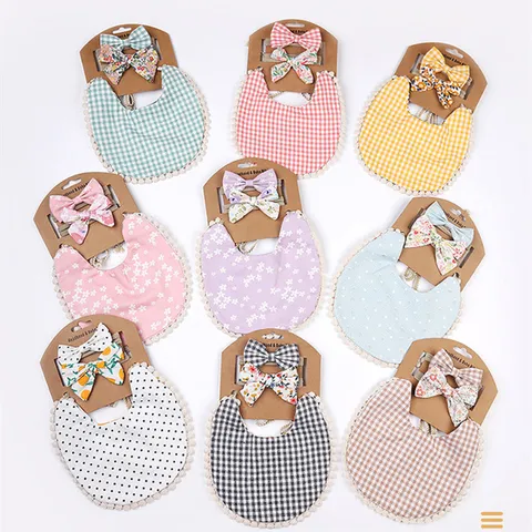 Baby Bib And Headband Set Cotton Floral Solid Color Bow Lace Edge Saliva Towel Newborn Hairband Daily Accessories
