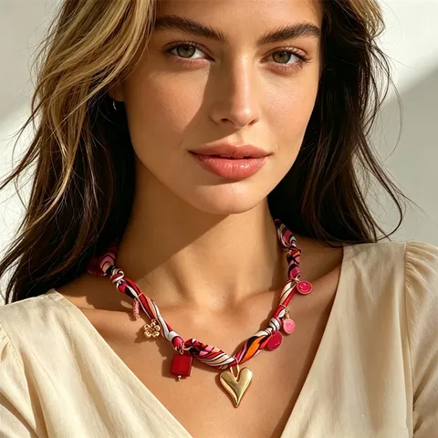 Collier Chaîne En Ruban De Foulard En Tissu Rétro Exagéré Avec Pendentif Cœur En Métal Alliage Bijoux De Mode Pour Femmes