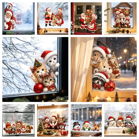 Christmas Static Glass Window Stickers Santa Claus Snowman Elk Cartoon Holiday Home Decor Wall Glass Decals PVC