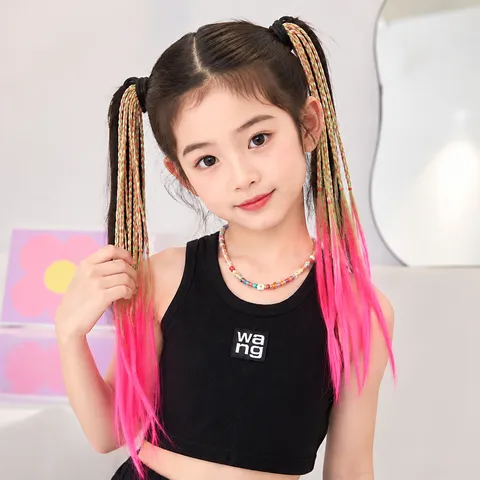 Kids Gradient Colorful Wig Braid Hair Rings Y2K Sweet Cool Dance Performance Braided Hair Accessories Girls
