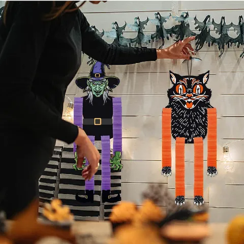 Décorations Suspendues D'Halloween Pliables En Papier Alvéolé Sorcière Et Chat Noir Accessoires De Fête Pour Décor De Cour Extérieure