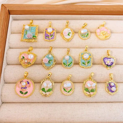 Vintage Oil Painting Floral Pendant Enamel Pearl Alloy Gold Plated Charm For DIY Jewelry Making Necklace Accessories