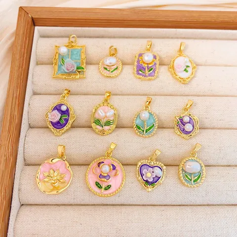 Vintage Oil Painting Floral Pendant Enamel Pearl Alloy Gold Plated Charm For DIY Jewelry Making Necklace Accessories