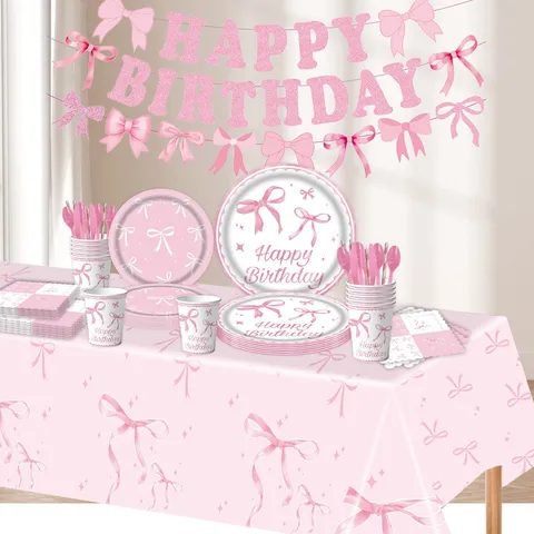 Rosa Schleife Geburtstag Party Dekoration Zubehör Einweg Pappteller Becher Tischdecke Geschirr Set für Mädchen Geburtstag