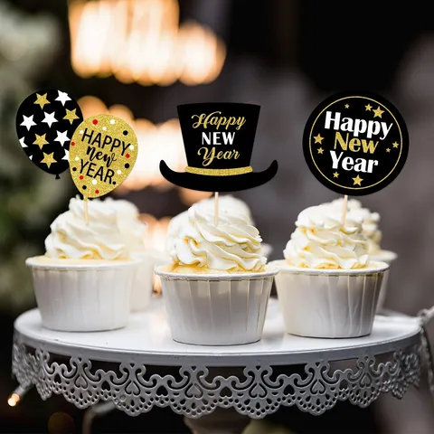 Neujahr Kuchen Topper Schwarz Gold Glitzer Cupcake Dekorationen Party Dessert Tischbedarf Feier Dekor
