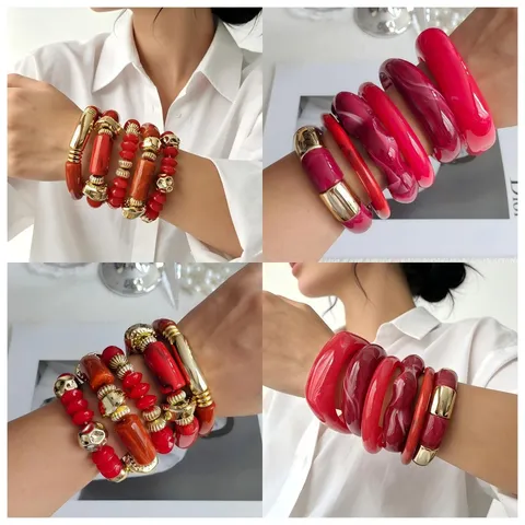 Vintage Acrylic Resin Bangle Bracelet Set Irregular Geometric Wave Chunky Bracelet For Women Fashion Jewelry Gift