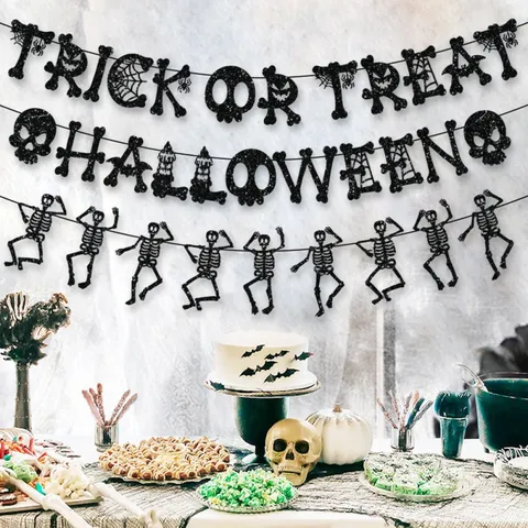 Glitter Paper Halloween Banner Trick Or Treat Skeleton Garland Black Spider Web Haunted House Party Decoration Hanging Bunting