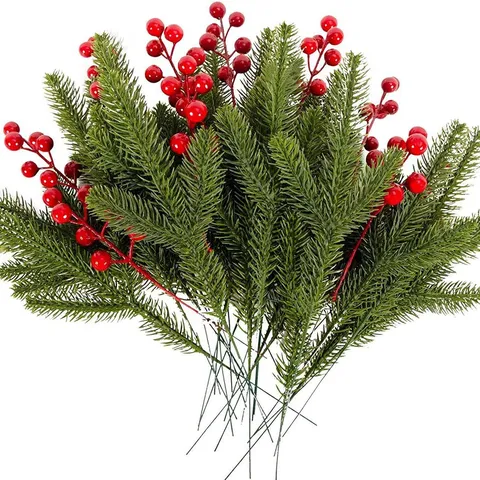 Artificial Pine Needles Branches With Red Berries Fake Green Holly Branches For Christmas DIY Crafts Holiday Home Decor