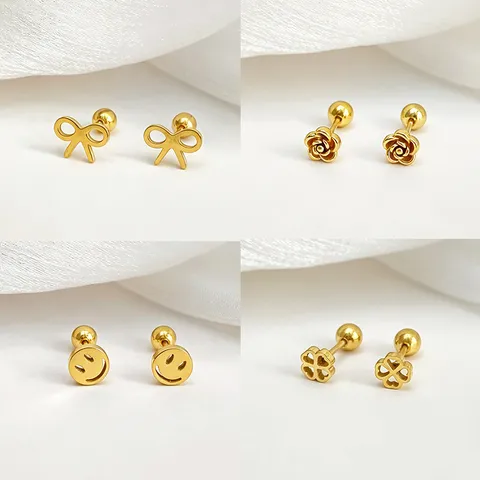 Minimalista Acero Inoxidable Lazo Trébol Flor Cara Sonriente Pendientes de Botón Oro Acero Galvanizado Joyería de Moda para Mujer