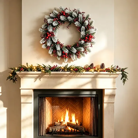 Corona de Pino Artificial de Navidad Con Bayas Rojas Círculo Decorativo Para Puerta de Casa Dintel Fiesta Festiva Decoración Colgante