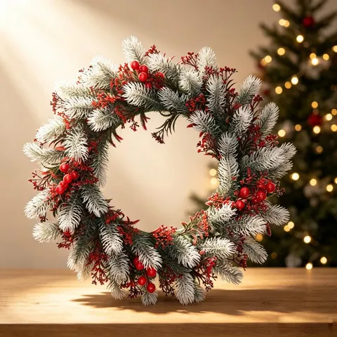 Corona de Pino Artificial de Navidad Con Bayas Rojas Círculo Decorativo Para Puerta de Casa Dintel Fiesta Festiva Decoración Colgante