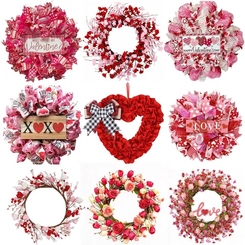 Romantische Valentijnsdag Hart Krans Plastic Kunstzijde Bloem Lint Deur Hangende Decoratie Voor Thuis Feest Bruiloft